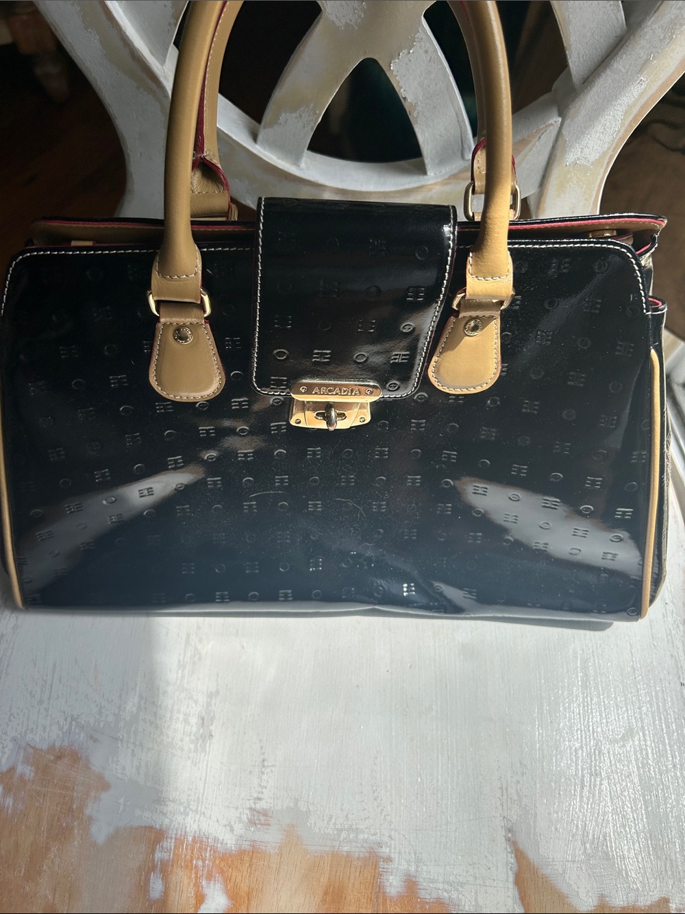 Arcadia Black Patent Satchel with Tan Handles and Gold Accent Lock